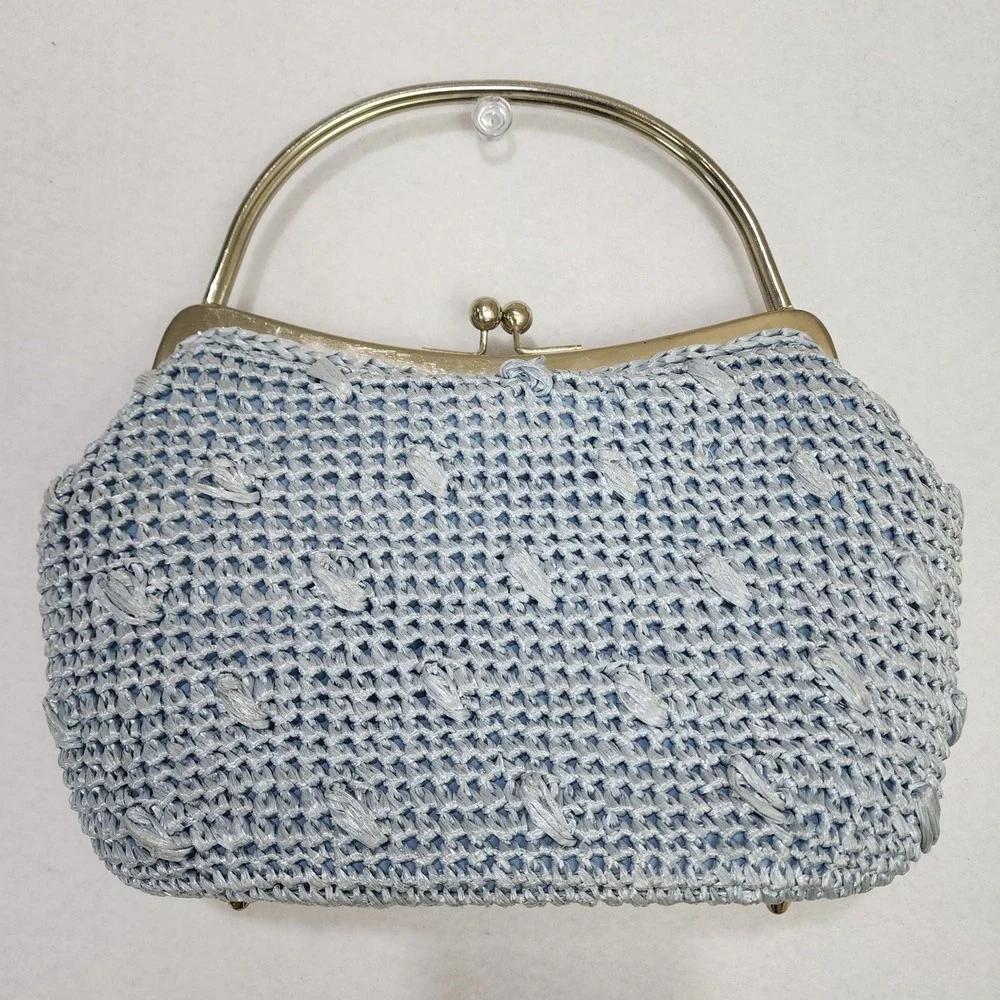Vintage Gaymode Raffia Clutch Purse Womens Blue Woven Kiss Lock Inner Pocket